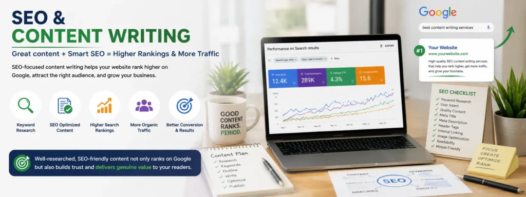 A realistic banner showing SEO and content writing concepts with a laptop displaying an analytics dashboard, keyword research, Google search ranking, SEO optimization, performance charts, and digital marketing elements. The image represents how SEO-friendly content helps improve search rankings, increase organic traffic, and grow online visibility.